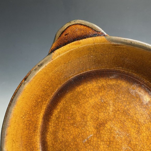 Antique Pottery Yellow Ware Glazed Handled Pie Plate Pan Primitive Glazed Rustic - Picture 5 of 16